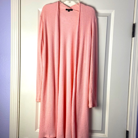 Peach extra long ribbed open duster cardigan with full slits on sides - Picture 2 of 10
